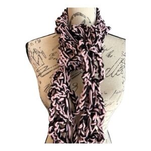 Scarf, hand made crochet, black and pink, very long and narrow, boho accessory.